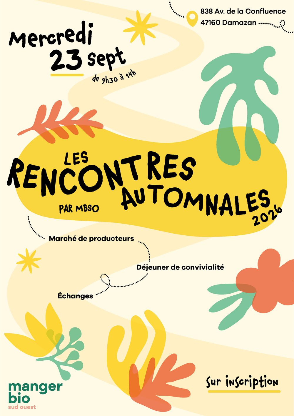 Affiche des Rencontres Automnales 2026 par Manger Bio Sud Ouest, mercredi 23 septembre de 9h30 à 14h, 838 avenue de la Confluence, 47160 Damazan, sur inscription